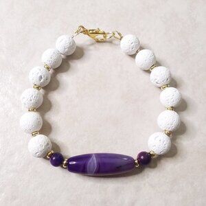 Purple Banded Agate + White Lava Rock - Chunky Bracelet for Larger Wrists 8"